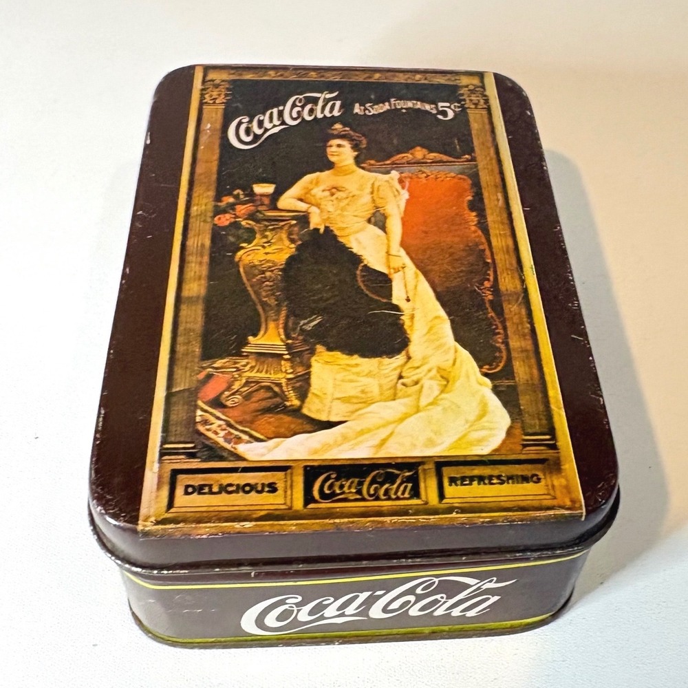 Vintage Coca-Cola Metal Tin Victorian Lady Soda Fountain 5 Cents Hinged Box